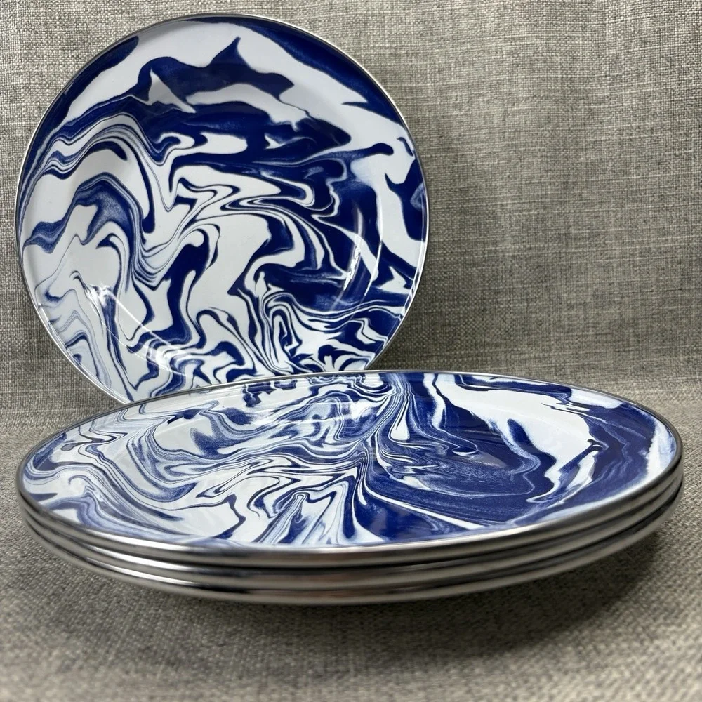 Pottery Barn Marbled Enamel Dinner Plates Blue White Swirl Set of 4 10
